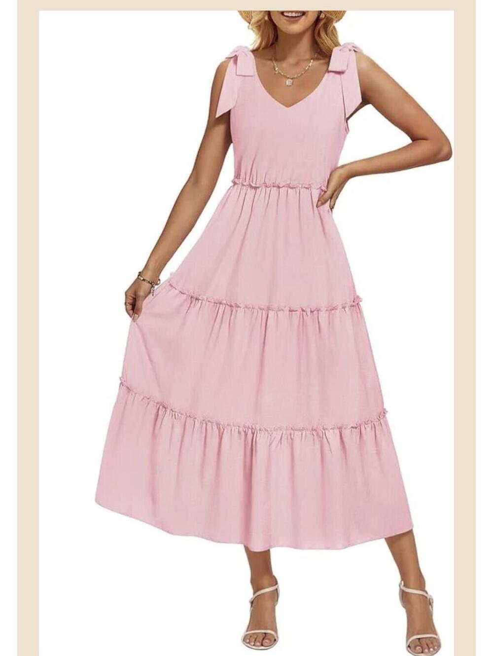 Zesica Pink Tiered Midi Maxi Dress Sleeveless V-Neck Tie Shoulder Size XL